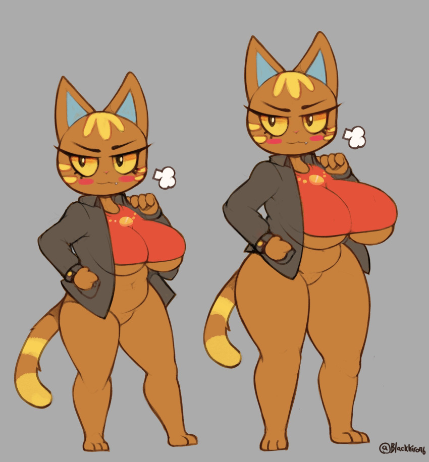 animal_crossing anthro big_breasts blue_ears blush bottomless breasts clothed clothing crop_top digital_media_(artwork) domestic_cat fangs featureless_crotch felid feline felis female fur gold_(metal) gold_jewelry hair hi_res huge_breasts jacket jewelry katt_(animal_crossing) kyodashiro mammal nintendo shirt short_stack simple_background size_difference slightly_chubby smile solo thick_thighs topwear under_boob video_games yellow_eyes