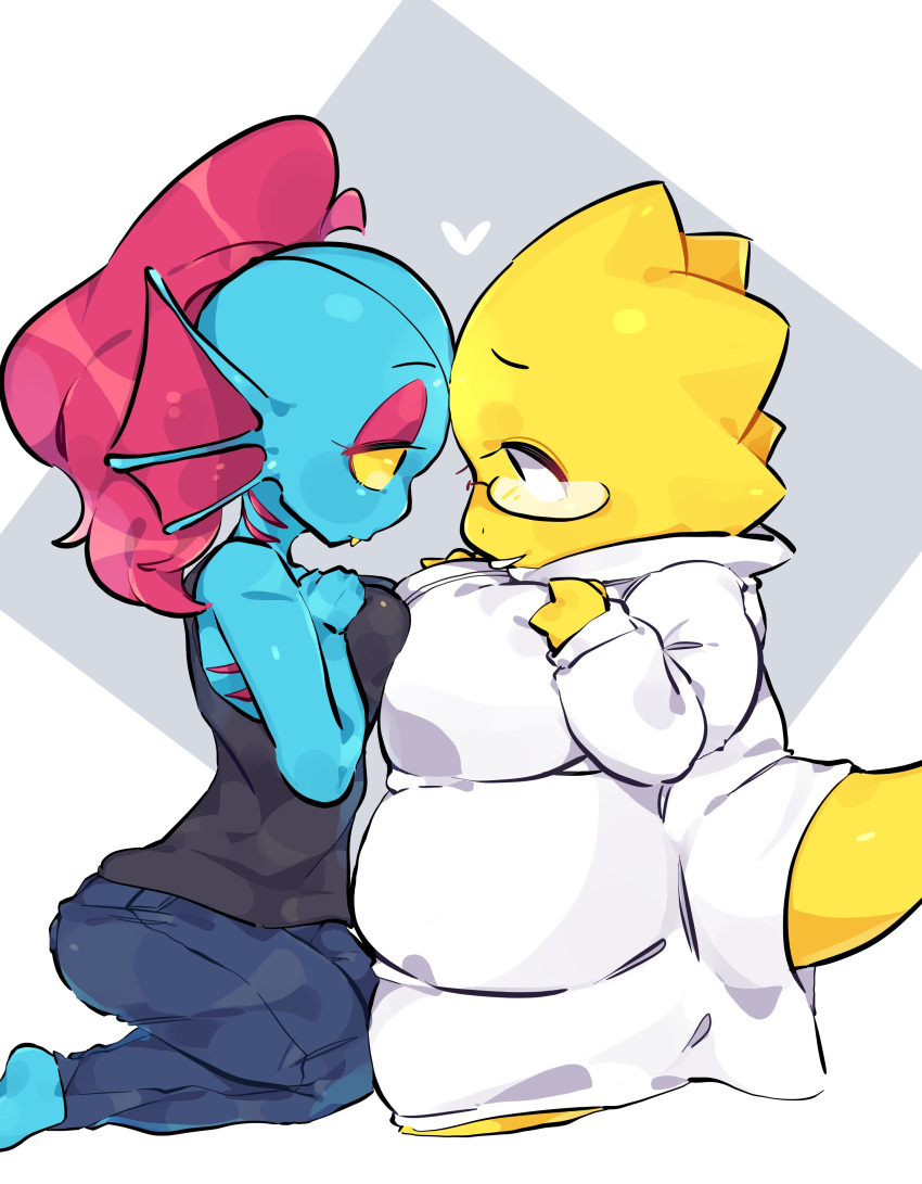 absurd_res alphys animal_humanoid anthro biped breasts chubby_anthro chubby_female clothing coat duo ear_fins eye_contact eyewear female fin fish fish_humanoid gills glasses hi_res humanoid lab_coat looking_at_another marine marine_humanoid nuba_ball scalie shirt slightly_chubby tank_top topwear undertale_(series) undyne yellow_tail