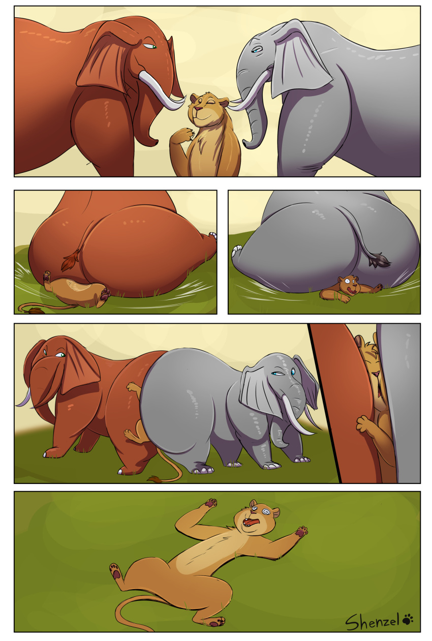 2021 absurd_res ambiguous_gender between_butts butt colored comic disney elephant elephantid eyes_closed facesitting felid female feral flattened group hi_res lion lying mammal nala on_back pantherine proboscidean shenzel size_difference smothering spiral_eyes the_lion_king trunk tusks