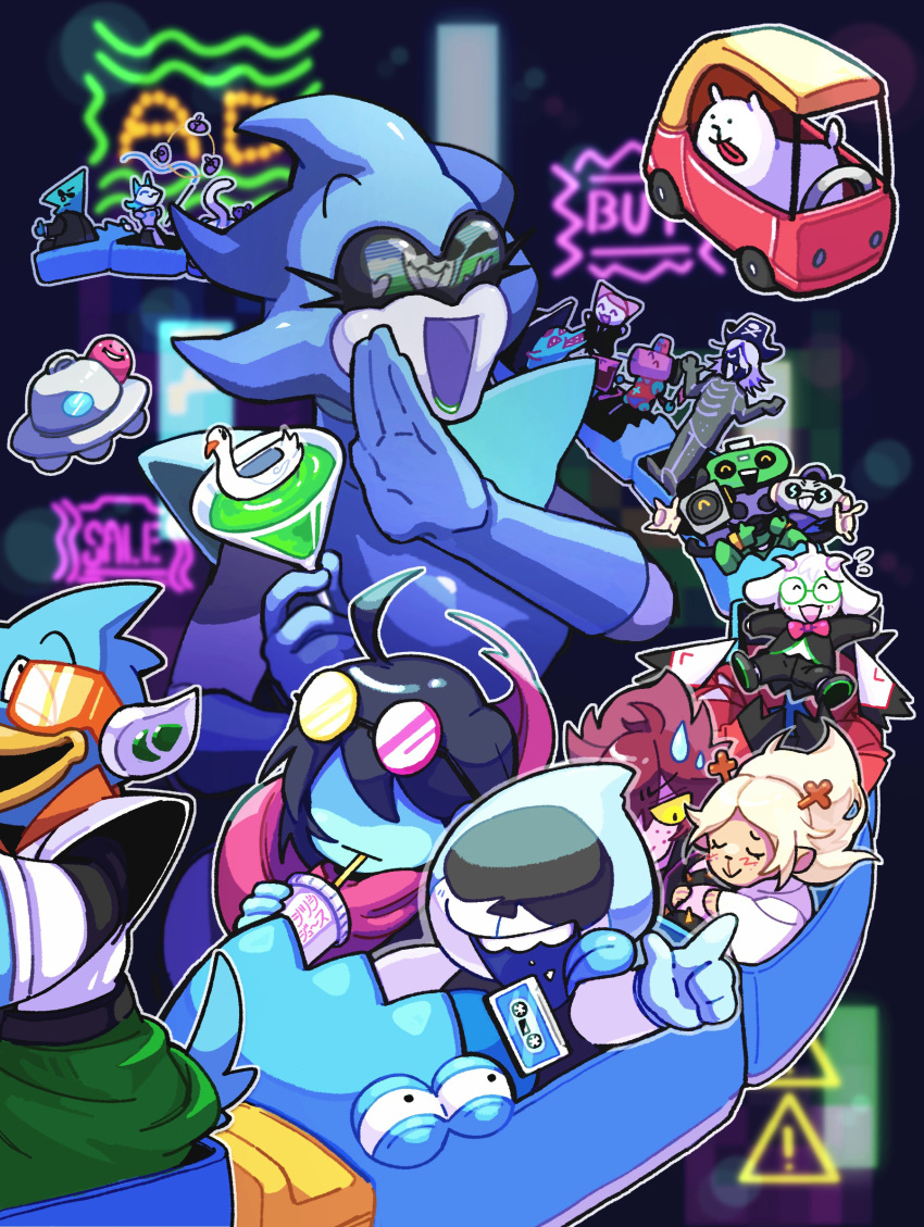 annoying_dog antlers arm_hug berdly_(deltarune) cap'n_(deltarune) cup deltarune disposable_cup drinking_glass drinking_straw giga_queen_(deltarune) highres k_k_(deltarune) kris_(deltarune) lancer_(deltarune) laughing maus_(deltarune) mecha multiple_boys multiple_girls noelle_holiday nubert_(deltarune) ojou-sama_pose onosanlove queen_(deltarune) ralsei riding roller_coaster rouxls_kaard scouter smile susie_(deltarune) swatchling_(deltarune) sweet_(deltarune) tasque_(deltarune) tasque_manager_(deltarune) tongue tongue_out tuxedo ufo wine_glass