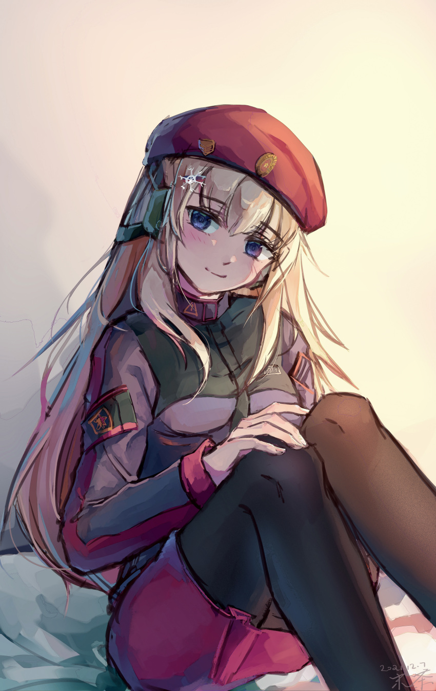 1girl absurdres ak74m_(girls'_frontline) artist_name bangs beret black_legwear blonde_hair blue_eyes blush breasts closed_mouth dated eyebrows_visible_through_hair girls'_frontline hair_between_eyes hair_ornament hat headset highres long_hair looking_at_viewer medium_breasts mocha033 pantyhose red_skirt russian_flag simple_background sitting skirt smile snowflake_hair_ornament solo tactical_clothes