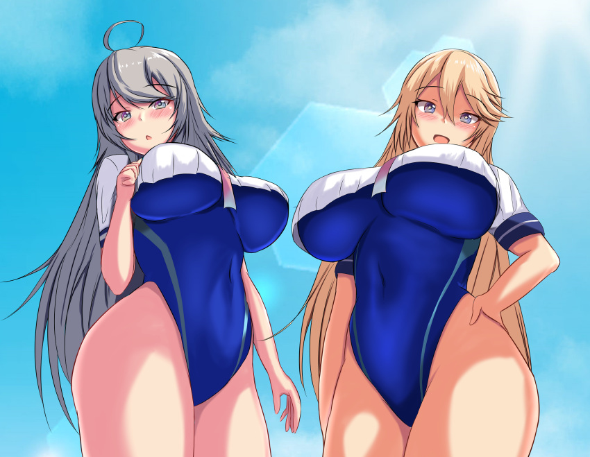 2girls ahoge arm_at_side bad_hands bangs blonde_hair blue_eyes blue_swimsuit blush breasts breasts_apart chestnut_mouth competition_swimsuit covered_navel cowboy_shot crop_top curvy eyebrows_visible_through_hair from_below gradient_neckwear grey_eyes hair_between_eyes hand_on_hip hand_up head_tilt highleg highres huge_breasts impossible_clothes impossible_swimsuit iowa_(kancolle) kantai_collection large_breasts leaning_back lens_flare long_hair looking_at_viewer matching_outfit montemasa multiple_girls necktie one-piece_swimsuit open_mouth pink_neckwear sailor school_uniform serafuku shirt short_sleeves silver_hair sky smile star-shaped_pupils star_(symbol) sunlight swept_bangs swimsuit symbol-shaped_pupils thighs tsurime very_long_hair washington_(kancolle) white_shirt