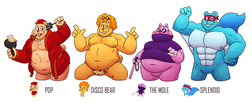 2021 anthro belly blue_body blush brown_body clothing disco_bear_(htf) eulipotyphlan eyewear felid group happy_tree_friends hat headgear headwear hi_res humanoid_hands leonthelionel lion male mammal mature_male mole_(animal) muscular muscular_male navel overweight overweight_male pantherine pop_(htf) rodent sciurid simple_background splendid_(htf) sunglasses the_mole_(htf) underwear ursid yellow_body