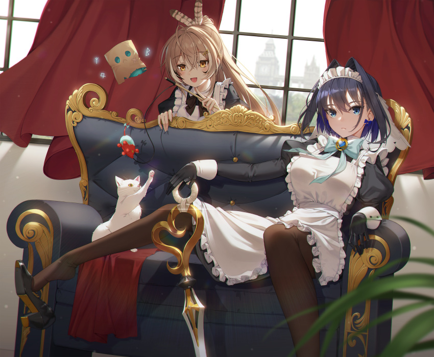 2girls :d absurdres ahoge alternate_costume apron black_dress black_footwear black_gloves black_hair blue_bow blue_bowtie blue_eyes blue_hair bow bow_earrings bowtie brown_bow brown_bowtie brown_eyes brown_hair brown_legwear cat cat_teaser colored_inner_hair commentary_request couch curtains dress earrings enmaided feather_hair_ornament feathers friend_(nanashi_mumei) frilled_apron frills gloves hair_intakes hair_ornament high_heels highres holding holding_sword holding_weapon hololive hololive_english indoors jewelry juliet_sleeves long_hair long_sleeves looking_at_animal looking_at_viewer maid maid_headdress mr._squeaks_(hakos_baelz) multicolored_hair multiple_girls nanashi_mumei on_couch ouro_kronii pantyhose ponytail puffy_sleeves shoe_dangle short_hair sitting smile spread_legs sseli streaked_hair sword virtual_youtuber weapon white_apron white_cat white_hair window