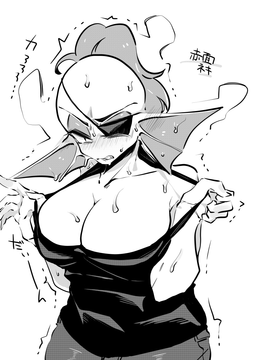 5_fingers absurd_res animal_humanoid big_breasts bodily_fluids bottomwear breasts cleavage clothed clothing ear_fins eye_patch eyewear female fin fingers fish fish_humanoid glare hair hi_res humanoid looking_at_viewer marine marine_humanoid monochrome nuba_ball pants ponytail pupils simple_background slit_pupils solo sweat undertale_(series) undyne