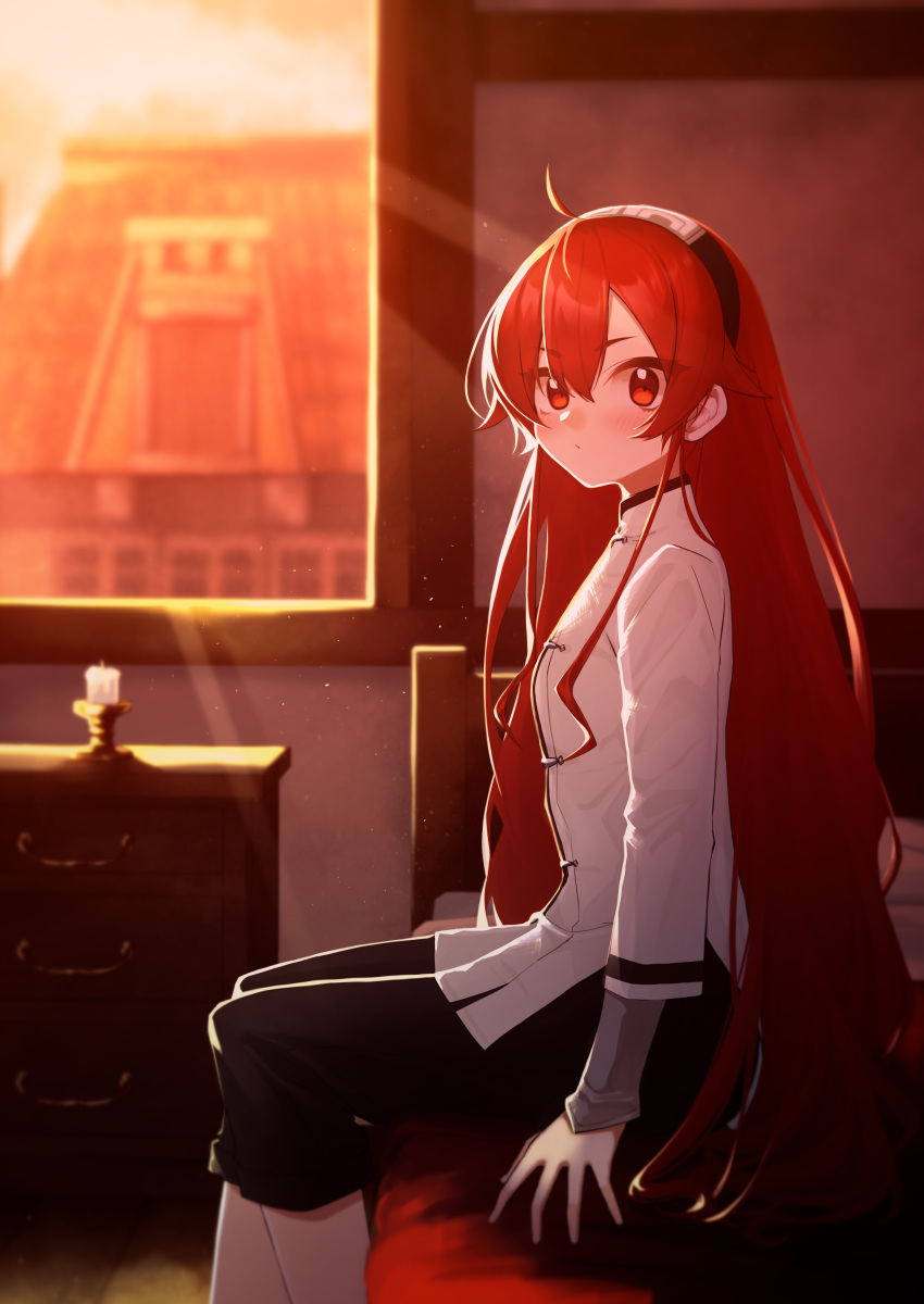 1girl absurdres ahoge black_hairband black_legwear blush breasts candle candlestand closed_mouth eris_greyrat eyebrows_visible_through_hair hairband highres layered_sleeves long_hair long_sleeves looking_at_viewer mushoku_tensei on_bed pants red_eyes red_hair short_over_long_sleeves short_sleeves sidelocks sitting sitting_on_bed small_breasts solo sunset taiyou-n very_long_hair