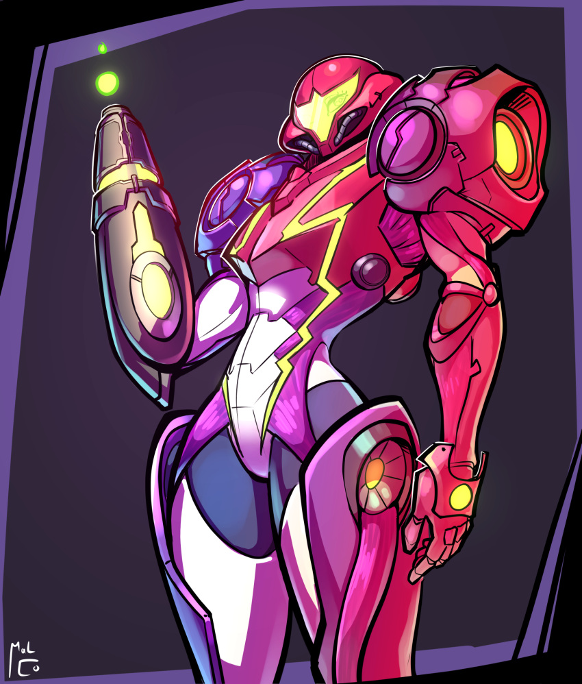 1girl arm_at_side arm_cannon cropped_legs energy_ball gravity_suit helmet highres looking_at_viewer malcontent metroid metroid_dread neon_trim power_suit samus_aran solo standing weapon