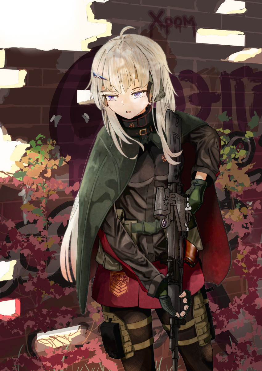 1girl :o absurdres ak-74m ak74m_(girls'_frontline) ammunition_belt ammunition_pouch assault_rifle bangs black_legwear blonde_hair breasts camouflage camouflage_cloak camouflage_gloves chrom_3201 cloak eyebrows_visible_through_hair feet_out_of_frame girls'_frontline gloves green_cloak green_gloves gun hair_ornament headphones headset highres holding holding_gun holding_weapon holster jacket kalashnikov_rifle long_hair looking_away medium_breasts open_mouth pantyhose pouch purple_eyes red_skirt rifle russian_flag russian_text serious skirt snowflake_hair_ornament solo standing tactical_clothes weapon