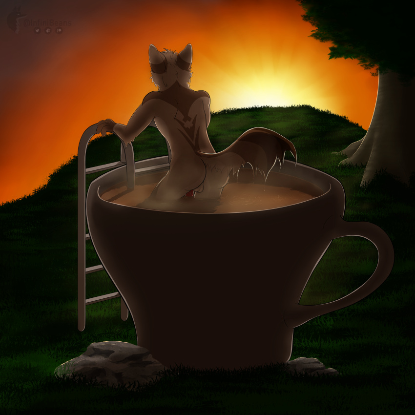 absurd_res anthro balls beverage brown_body brown_fur butt canid canine canis coffee coffee_cup container cup fur genitals grass hi_res infini infinibeans ladder looking_away male mammal orange_sky partially_submerged penis plant rear_view red_penis rock solo steam sun sunrise tan_body tan_fur tree water_ripples wet wolf