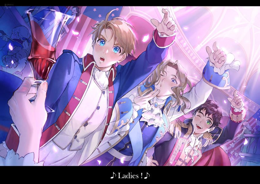3boys ;d alcohol america_(hetalia) american_flag arm_up ascot axis_powers_hetalia bangs black_hair blonde_hair blowing_kiss blue_coat blue_eyes brooch brown_hair cape coat crowd cup dancing drinking_glass english_text epaulettes finger_to_mouth fingernails france_(hetalia) glowing_petals green_eyes hand_on_hip hand_up holding holding_cup indoors jewelry jowell_she laughing letterboxed lineup long_hair long_sleeves looking_at_viewer military military_uniform multiple_boys musical_note one_eye_closed pov pov_hands puckered_lips sash short_hair smile spain_(hetalia) uniform upper_body vest white_ascot white_coat wine