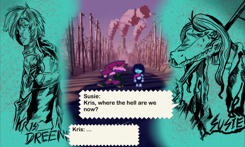 2021 absurd_res anthro axe clothed clothing deltarune dialogue dinosaur duo english_text female hair hi_res holding_axe human humor kris_(deltarune) kris_where_are_we long_hair long_snout male mammal melee_weapon meme no_more_heroes parody reptile scalie snout speech_bubble style_parody susie_(deltarune) text undertale_(series) video_games weapon zac_impact