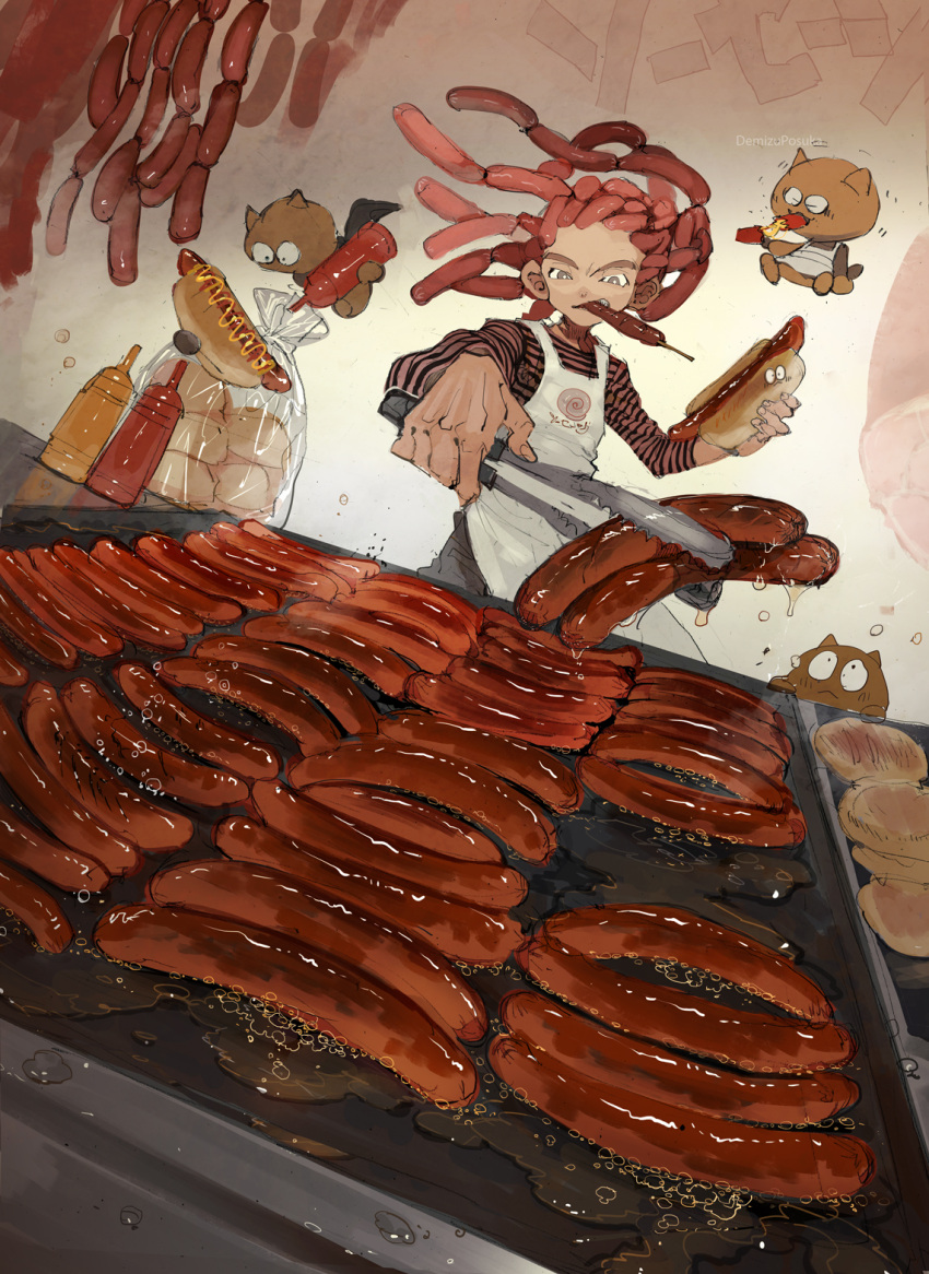 1girl 3others apron bag bottle bright_pupils cooking demizu_posuka eating food food_focus food_in_mouth grey_eyes highres holding holding_bottle holding_food holding_tongs hot_dog hot_dog_bun ketchup ketchup_bottle long_hair long_sleeves meat multiple_others mustard mustard_bottle original red_hair sausage shirt standing striped striped_shirt tongs white_pupils