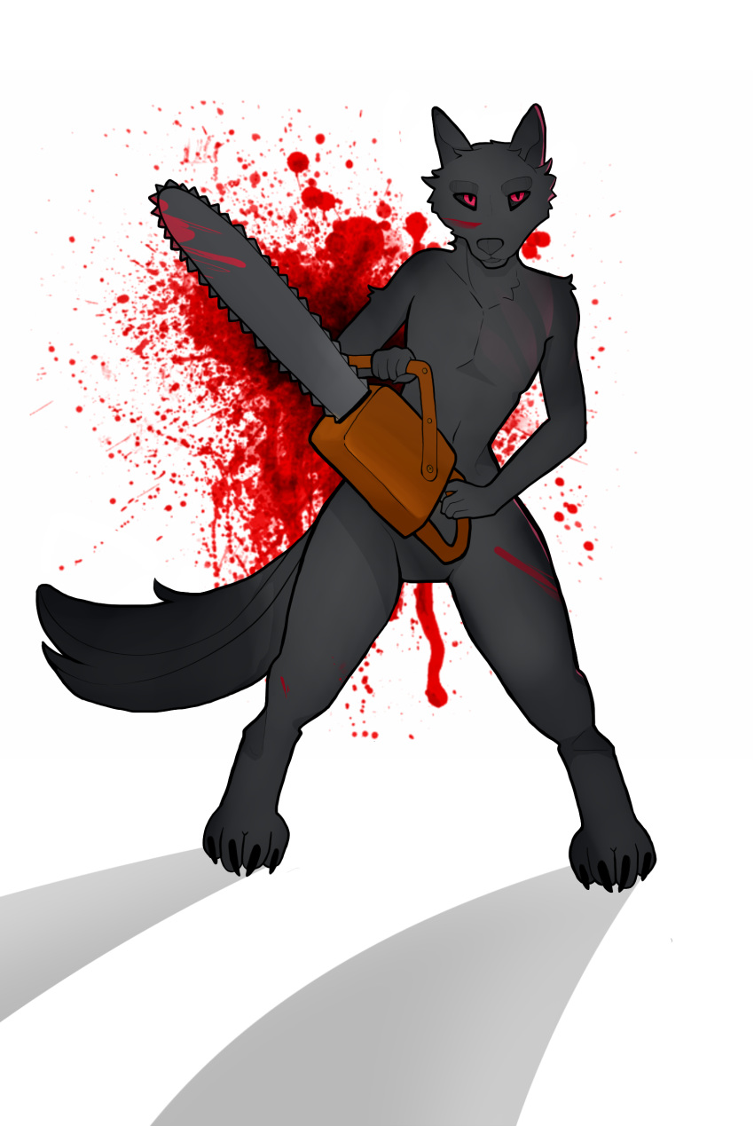 absurd_res bedsheetwalking black_body black_eyes black_fur blood blood_on_body blood_on_face blood_on_fur blood_splatter bodily_fluids canid canine canis chainsaw fur gore hi_res male mammal power_tool red_eyes shadow tagme tail tools wolf