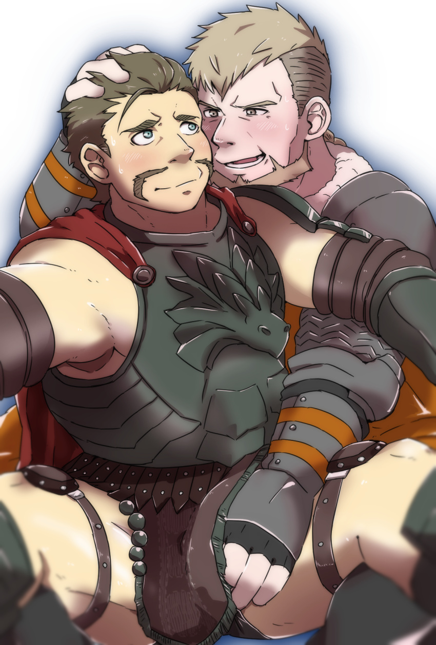2boys alois_rangeld armor bara bare_shoulders beard belt blush breastplate brown_belt brown_hair clothes_lift couple face-to-face facial_hair feet_out_of_frame fire_emblem fire_emblem:_three_houses green_eyes hand_in_another's_hair hand_under_clothes highres jeralt_reus_eisner leather male_focus mature_male multiple_boys muscular muscular_male mustache pectorals pelvic_curtain pelvic_curtain_lift seductive_smile shinki_(shinki_k) short_hair sideburns sidepec smile spread_legs thick_thighs thighs undercut yaoi
