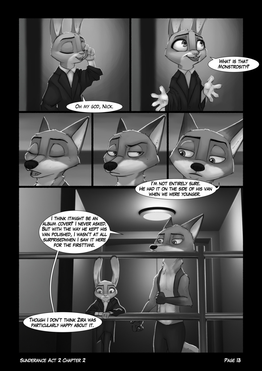 2021 ambiguous_gender anthro biped black_border border buckteeth canid canine clothed clothing comic dialogue dipstick_ears disney duo english_text eyes_closed fox foxxj gloves_(marking) greyscale half-closed_eyes hi_res inside judy_hopps lagomorph leporid male mammal markings monochrome multicolored_ears narrowed_eyes nick_wilde rabbit speech_bubble teeth text topless zootopia