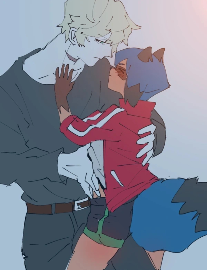 anthro blue_hair blush brand_new_animal canid canine clothed clothing cuddling duo female fire fluffy fluffy_tail hair hand_under_shirt hi_res human i4_kan lying lying_on_top male male/female mammal michiru_kagemori on_back pale_skin procyonid raccoon raccoon_dog romantic romantic_ambiance romantic_couple shirou_ogami size_difference studio_trigger tanuki