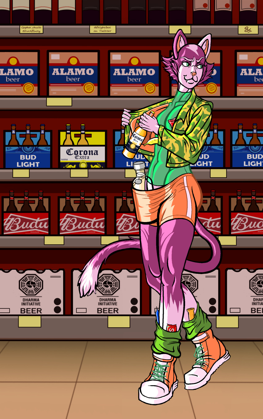 absurd_res alcohol anthro athletic athletic_male beer beverage bottomwear butt camo camo_print candy clothed clothing convenience_store crossed_legs dessert domestic_cat eyebrows felid feline felis food footwear frankie_donnelly girly gopher_chucks gym_bottomwear gym_clothing gym_shorts hi_res hotpants jacket leg_warmers legwear leotard long_legs looking_back male mammal open_clothing open_jacket open_topwear purple_body raised_eyebrow shelves shoes shoplifting shorts smile sneakers solo stealing tight_clothing topwear