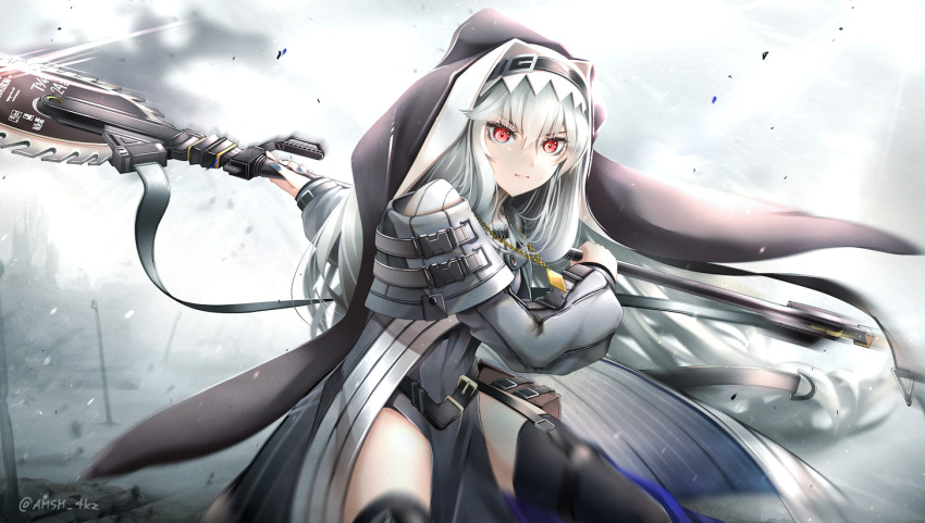 1girl arknights bangs black_dress black_legwear black_nails breasts buckle circular_saw closed_mouth commentary commission cowboy_shot dress garter_straps habit hair_between_eyes holding holding_weapon long_hair long_sleeves looking_at_viewer nail_polish nun off-shoulder_dress off_shoulder pelvic_curtain red_eyes serious silver_hair skeb_commission solo specter_(arknights) thighhighs twitter_username very_long_hair weapon yokaze_(yokajie)