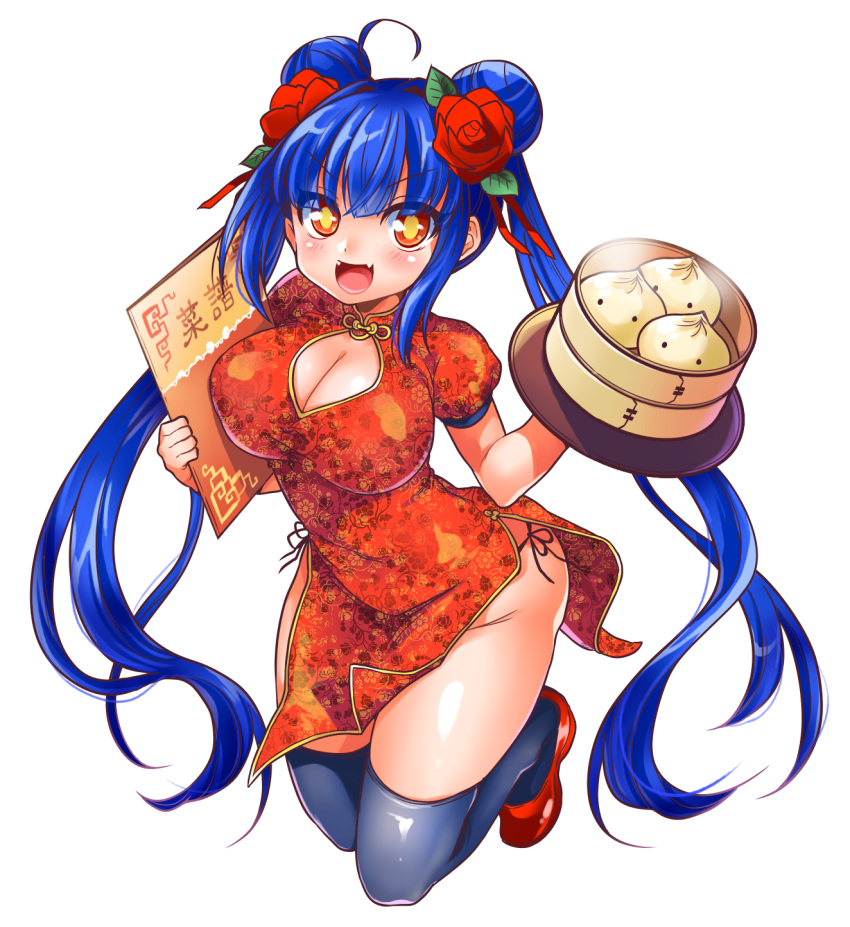 1girl :d ahoge bamboo_steamer bangs baozi bemani blue_hair blue_legwear blush breasts china_dress chinese_clothes cleavage cleavage_cutout clothing_cutout double_bun dress eyebrows_visible_through_hair eyes_visible_through_hair fangs flower food full_body groin hair_flower hair_ornament highres large_breasts leaf long_hair menu open_mouth panties pelvic_curtain puffy_short_sleeves puffy_sleeves red_dress red_eyes red_flower red_footwear sate_hatena shoes short_sleeves side-tie_panties side_slit simple_background skindentation smile solo sound_voltex thighhighs thighs tsubaki_(sound_voltex) twintails underwear v-shaped_eyebrows very_long_hair white_background yellow_pupils