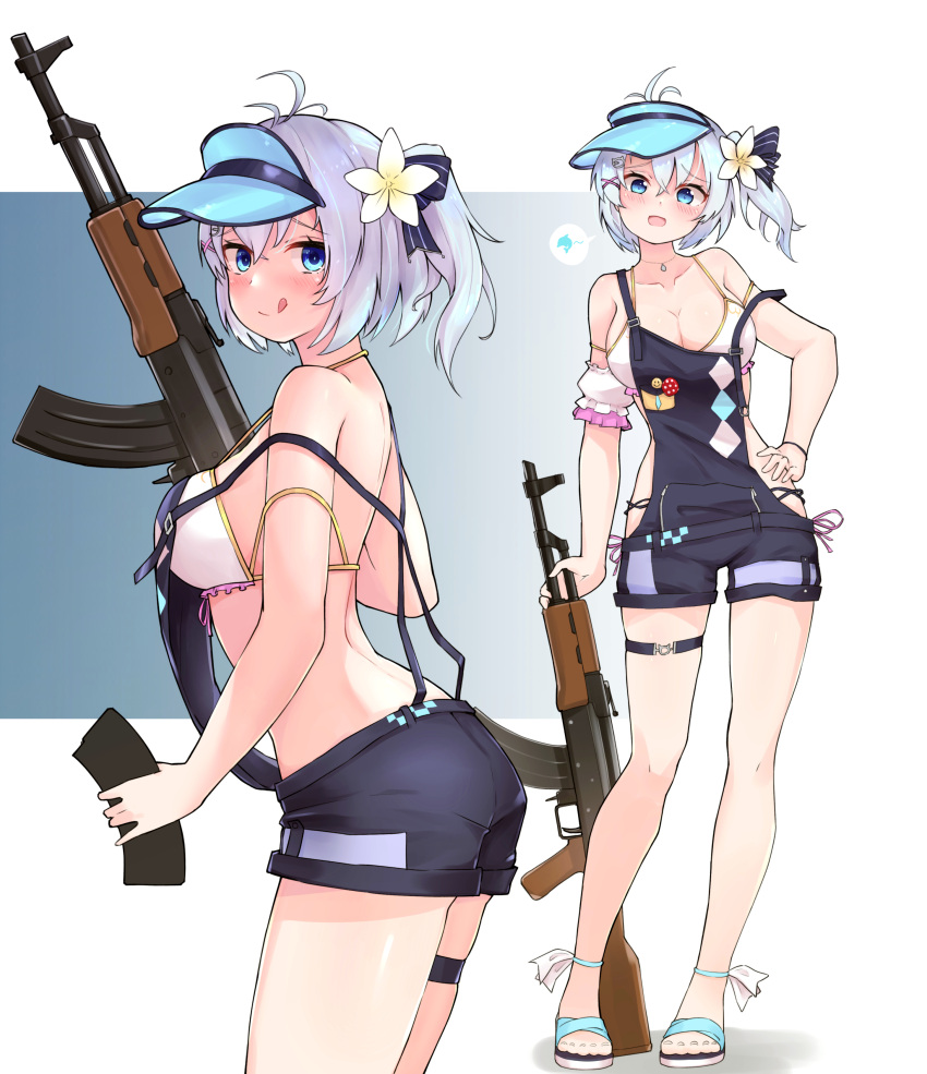 1girl :p absurdres ak-47 assault_rifle blue_eyes blue_hair blush breasts cleavage collarbone dennou_shoujo_youtuber_siro full_body gun highres jewelry kalashnikov_rifle large_breasts looking_at_viewer necklace rifle short_hair shorts simple_background siro_(dennou_shoujo_youtuber_siro) solo swimsuit tongue tongue_out virtual_youtuber visor_cap voizerick weapon