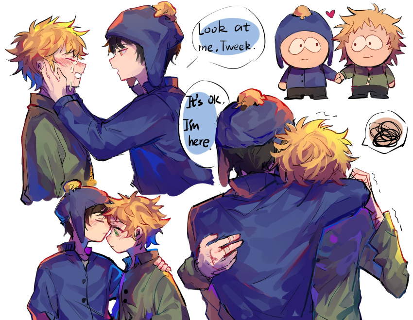 2boys black_hair blonde_hair blue_jacket chullo closed_eyes craig_tucker green_eyes green_shirt hand_on_another's_face hat highres holding_hands jacket messy_hair multiple_boys nocolour shirt short_hair south_park tears tweek_tweak yaoi