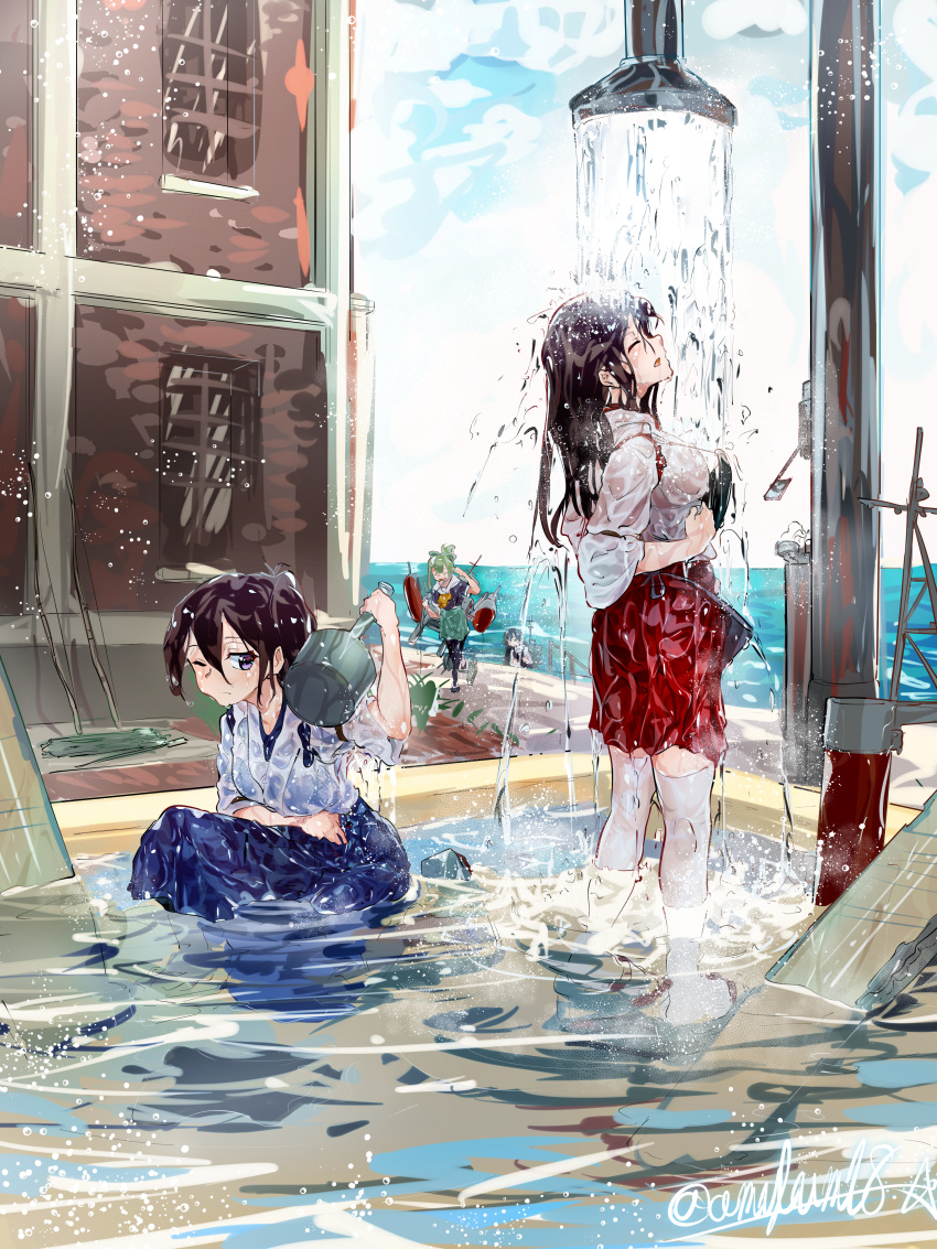 4girls absurdres akagi_(kancolle) amylum apron asashio_(kancolle) black_hair bow brown_eyes brown_hair bucket character_request check_character closed_eyes flight_deck green_bow green_hair hair_between_eyes hair_bow highres holding holding_bucket japanese_clothes kaga_(kancolle) kantai_collection long_hair machinery multiple_girls open_mouth outdoors partially_submerged ponytail quiver see-through showering side_ponytail straight_hair tasuki thighhighs wet wet_clothes white_legwear yuubari_(kancolle)