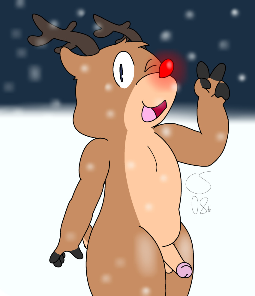 2021 anthro antlers brown_body brown_fur capreoline catscratch08th cervid digital_media_(artwork) fingers fur genitals hi_res hooved_fingers hooves horn light_brown_fur male mammal nude nude_anthro penis reindeer rudolph_the_red_nosed_reindeer scut_tail short_tail solo