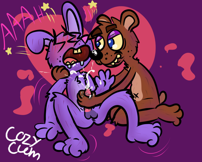 anthro bodily_fluids bonnie_(fnaf) cartoon cozy_cum_(artist) cum cumshot duo ejaculation five_nights_at_freddy's forced forced_orgasm freddy_(fnaf) genital_fluids handjob hi_res invalid_tag lagomorph leporid male male/male mammal moan mutual_masturbation orgasm penile rabbit seeing_stars sex toony ursid video_games