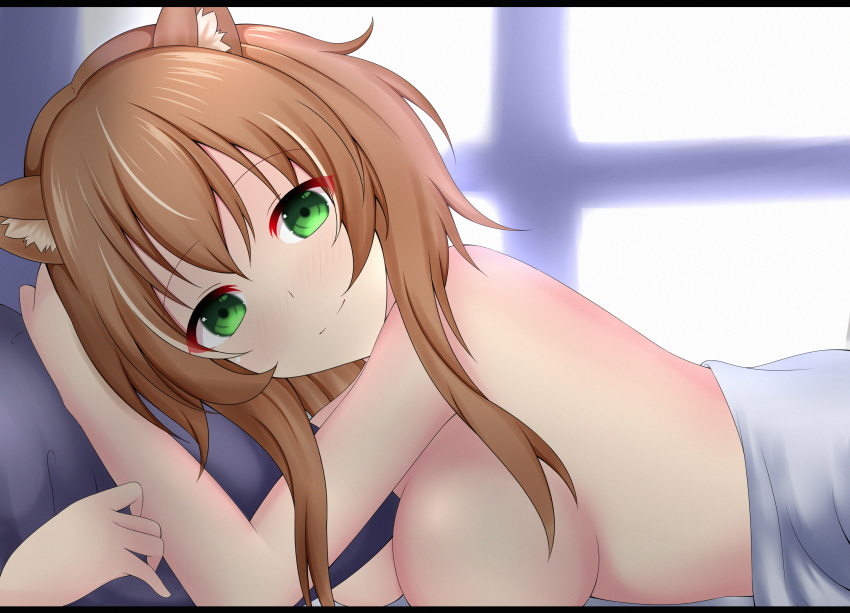 1girl absurdres animal_ears ayunda_risu bangs bed bed_sheet breasts brown_hair eyebrows_visible_through_hair ganba_eru green_eyes highres hololive large_breasts looking_at_viewer lying naked_sheet on_stomach smile solo squirrel_ears squirrel_girl squirrel_tail tail virtual_youtuber