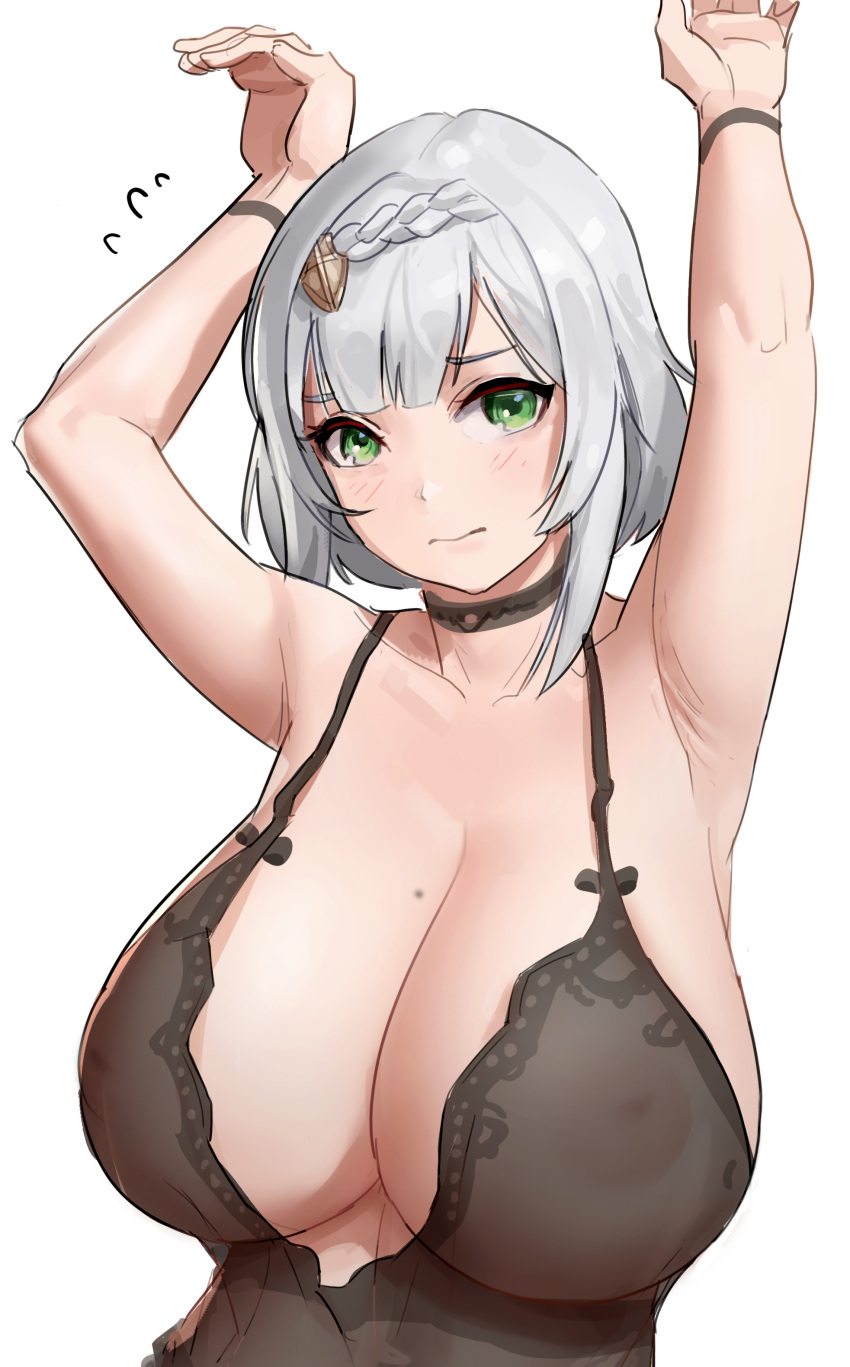 1girl absurdres alternate_breast_size armpits arms_up babydoll bangs black_babydoll black_choker blush braid breasts choker closed_mouth collarbone commentary covered_nipples flying_sweatdrops genshin_impact green_eyes highres huge_breasts lingerie mole mole_on_breast noelle_(genshin_impact) see-through shikube short_hair silver_hair simple_background solo underwear upper_body white_background