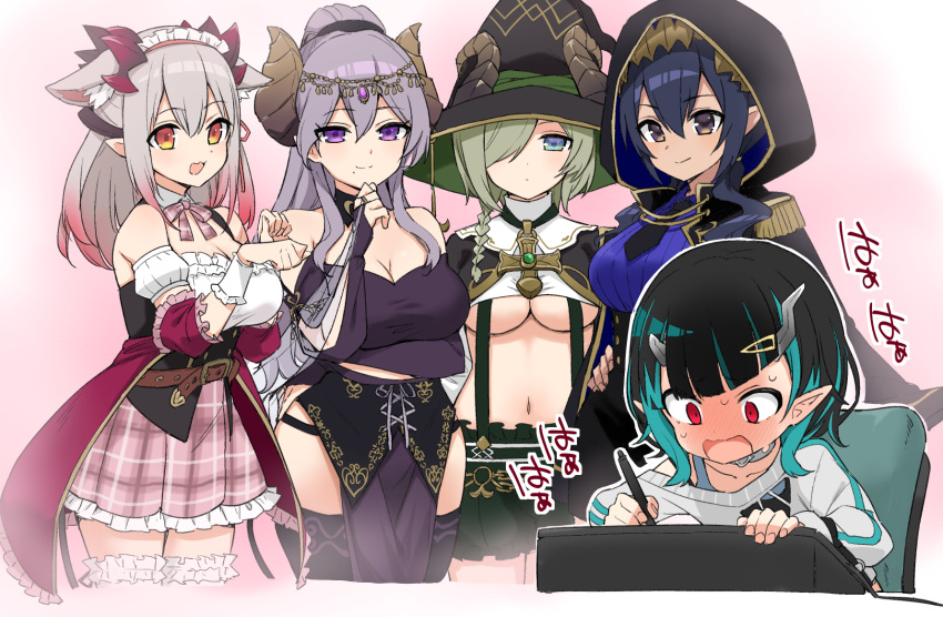 5girls barmaid black_cloak black_collar black_hair black_headwear black_legwear black_necktie blue_hair blush bow bowtie braid breasts bridal_gauntlets brown_hair brown_horns chair cleavage cloak closed_mouth collar corset cross demon_girl demon_horns detached_collar drawing drawing_tablet dress finger_to_own_chin frilled_dress frilled_skirt frills full-face_blush gradient_hair green_hair green_skirt grey_hair hair_ornament hair_over_one_eye hairclip hat highres honey_strap hood hood_up hooded_cloak horns large_breasts long_hair maid_headdress migchip multicolored_hair multiple_girls navel necktie official_alternate_costume open_mouth pelvic_curtain pink_bow pink_bowtie pink_hair pink_skirt plaid plaid_bow plaid_bowtie plaid_skirt pointy_ears ponytail purple_eyes purple_hair saionji_mary sekishiro_mico shimamura_charlotte shishio_chris side_braid single_braid skirt smile sugar_lyric suou_patra suspender_skirt suspenders thighhighs two-tone_hair underboob underbust virtual_youtuber white_legwear witch_hat