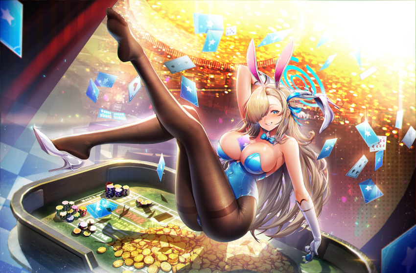 1girl absurdres animal_ears asuna_(blue_archive) bangs bare_shoulders between_breasts blonde_hair blue_archive blue_eyes blue_leotard breasts card casino_card_table commentary elbow_gloves fake_animal_ears full_body gloves hair_ornament hair_over_one_eye high_heels highleg highleg_leotard highres large_breasts leotard long_hair manic_shd mole mole_on_breast pantyhose parted_lips playboy_bunny poker_chip rabbit_ears shiny shiny_clothes shiny_hair shiny_skin simple_background sitting smile strapless strapless_leotard white_gloves