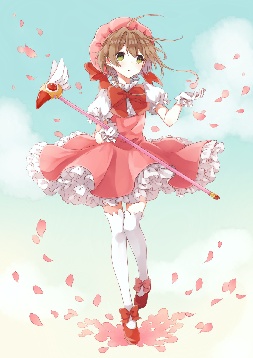 1girl :o absurdres bangs beret blue_sky bow bowtie brown_hair cardcaptor_sakura cherry_blossoms cloud cloudy_sky day dot_nose dress eyebrows_visible_through_hair eyes_visible_through_hair floating_hair footwear_bow frilled_sleeves frills full_body fuuin_no_tsue glove_bow gloves gradient_sky green_eyes hair_between_eyes hands_up hat hat_bow heel_up high_collar highres holding holding_wand kinomoto_sakura knees_together_feet_apart light_blush looking_away looking_to_the_side looking_up magical_girl mary_janes open_hand outdoors parted_lips petals petticoat pinafore_dress pink_dress pink_headwear pleated_dress puffy_short_sleeves puffy_sleeves red_bow red_bowtie red_footwear sentaro207 shirt shoes short_dress short_hair short_sleeves sky solo standing swept_bangs tareme thighhighs undershirt wand white_bow white_gloves white_legwear white_shirt wind zettai_ryouiki