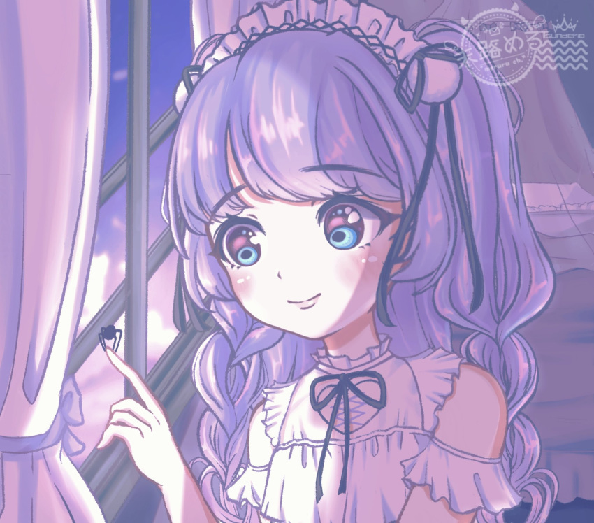 1girl amiya_aranha bangs blush braid bug clothing_cutout cloud copyright_name curtains dress english_commentary eyebrows_visible_through_hair hairband highres logo lolita_hairband matsuro_meru_(artist) night night_sky portrait purple_hair shoulder_cutout side_braid sky smile solo spider tsunderia two_side_up watermark white_dress window