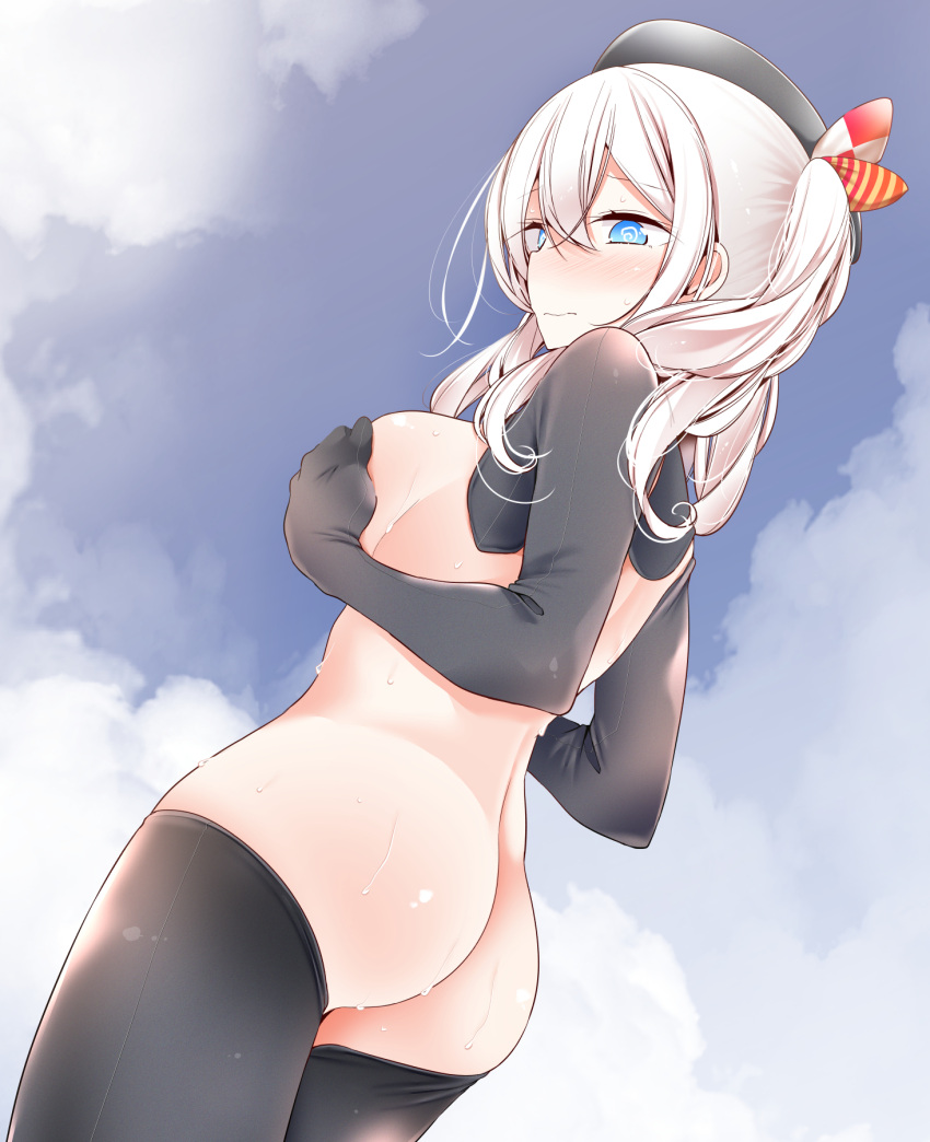 1girl @_@ ass back bangs beret black_gloves black_headwear black_legwear blue_eyes blue_sky blush breasts closed_mouth cloud covering covering_breasts day elbow_gloves eyebrows_visible_through_hair from_behind frown gloves hat highres kantai_collection kashima_(kancolle) long_hair looking_at_viewer looking_back medium_breasts nude oouso outdoors reverse_outfit reverse_school_swimsuit seamed_legwear side-seamed_legwear sideboob silver_hair sky solo sweat thighhighs twintails wavy_mouth