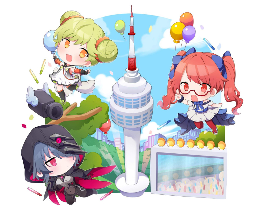 3girls :d ai-chan_(honkai_impact) balloon bangs bare_shoulders black_bodysuit black_cape black_gloves black_hair black_legwear blue_sky bodysuit bow building cape chibi closed_mouth double_bun dress fingerless_gloves frederica_nikola_tesla full_body gloves green_eyes hair_bow hair_over_one_eye highres honkai_(series) honkai_impact_3rd jin2 multiple_girls open_mouth orange_eyes orange_hair purple_eyes raven_(honkai_impact_3rd) red_legwear short_sleeves sky sleeveless sleeveless_dress smile thighhighs twintails white_dress