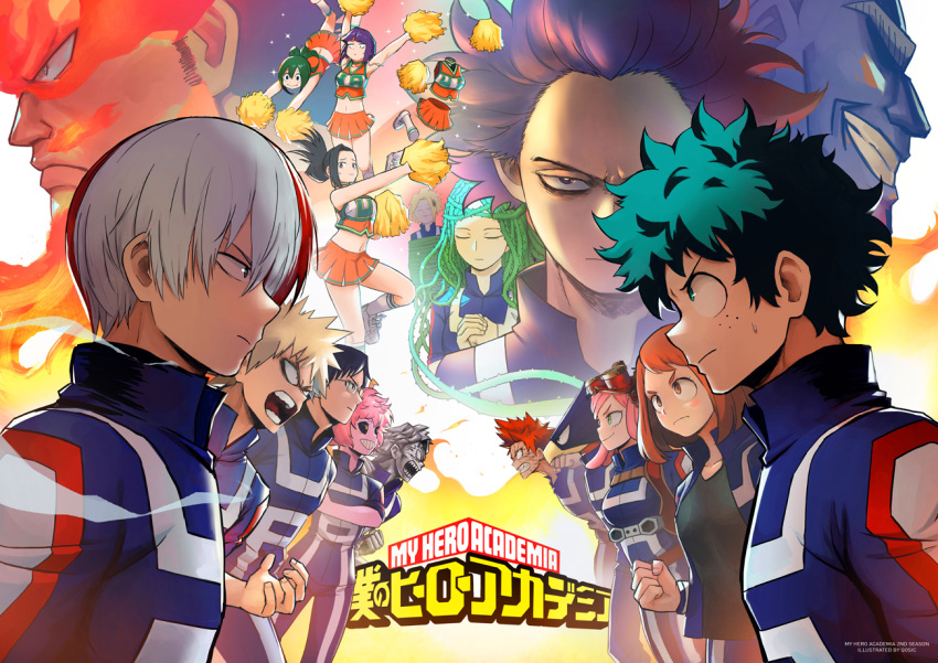 6+boys 6+girls all_might animal_head ashido_mina asui_tsuyu bakugou_katsuki blonde_hair blue_hair boku_no_hero_academia bound cheerleader clenched_hands closed_eyes colored_skin commentary_request copyright_name endeavor_(boku_no_hero_academia) eye_contact fire freckles glasses green_hair gym_uniform hagakure_tooru hatsume_mei horns iida_tenya invisible jacket jirou_kyouka kaminari_denki kirishima_eijirou looking_at_another midoriya_izuku multicolored_hair multiple_boys multiple_girls open_clothes open_jacket open_mouth photoshop_(medium) pink_hair pink_skin pom_pom_(cheerleading) qosic red_hair shinsou_hitoshi shiozaki_ibara showdown spiked_hair sweatdrop tetsutetsu_tetsutetsu thorns todoroki_shouto tokoyami_fumikage u.a._cheerleader_uniform u.a._gym_uniform uraraka_ochako watermark yaoyorozu_momo