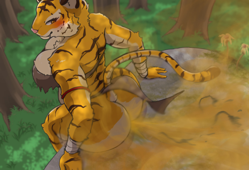 anthro arm_wraps big_butt black_stripes blush bottomwear breasts butt cleavage clothed clothing cute_fangs fart fart_cloud fart_fetish felid female flatulance forest forest_background fur gassy grass hi_res loincloth looking_back mammal nature nature_background orange_body orange_fur pantherine plant rock sitting smile solo stripes suzume_333 tiger tree tribal_clothing wraps