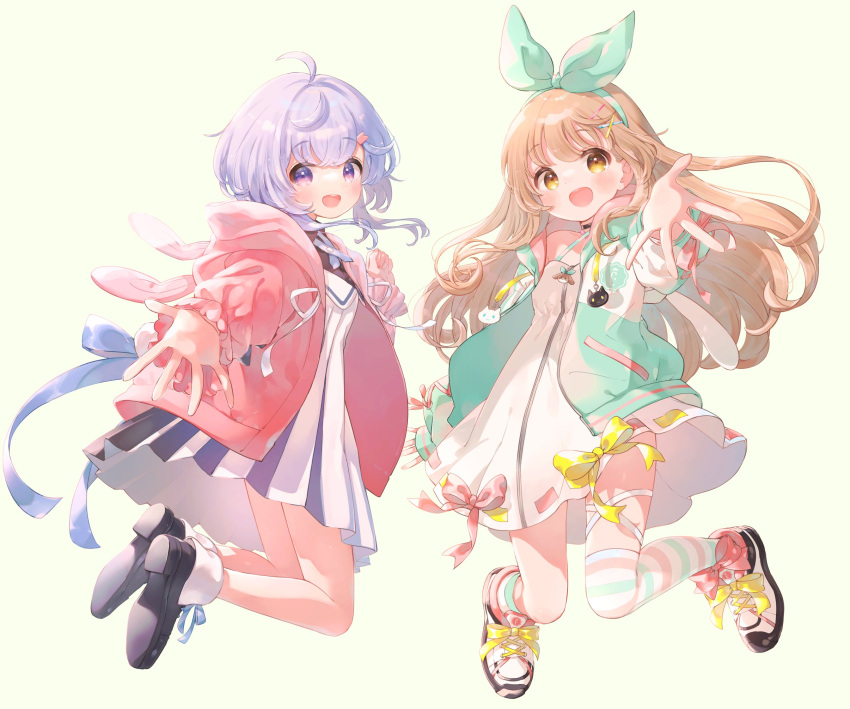 2girls :o animal_hood asymmetrical_legwear blush bow bow_hairband brown_hair bunny_hood choker dress eyebrows_visible_through_hair green_jacket hair_ornament hairband hairclip highres hood indie_virtual_youtuber jacket jacket_partially_removed jumping long_hair looking_at_viewer m_ydayo medium_hair multiple_girls nanahira official_art open_hand open_mouth orange_eyes outstretched_arm pink_jacket purple_eyes purple_hair reaching reaching_out ribbon ribbon-trimmed_skirt ribbon_trim shoes striped striped_legwear suzumi_shiro_(singer) very_long_hair vocaloid vsinger white_background