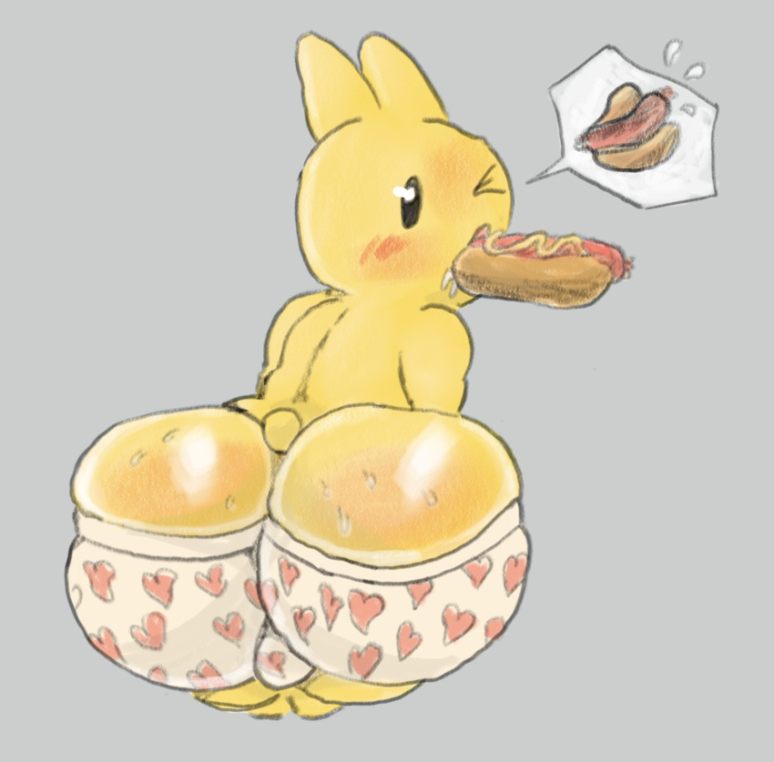 anthro bent_over big_butt butt clothing food food_in_mouth hi_res hot_dog huge_butt kidrobot lagomorph leporid looking_at_viewer male mammal rabbit simplybobcat solo underwear