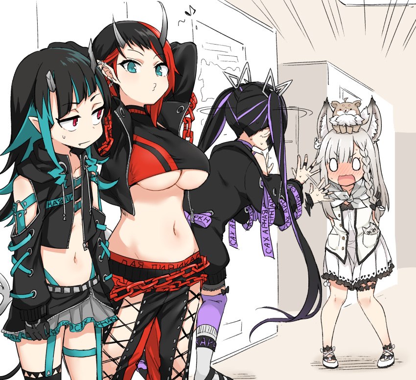 4girls afterimage animal_ear_fluff animal_ears animal_on_head animare arms_up bangs belt beltbra black_gloves black_hair black_jacket black_legwear black_pants black_skirt black_sports_bra blue_belt blue_eyes blue_hair blue_panties blush braid breasts chain chest_belt closed_mouth clothing_cutout commentary_request cowboy_shot cropped_jacket cross-laced_pants cross-laced_sleeves demon_girl demon_horns demon_tail dog dog_on_head dress ear_chain ear_piercing fang flat_chest full_body garter_straps gloves grey_skirt highleg highleg_panties highres horns jacket jewelry kojo_anna large_breasts layered_skirt long_hair long_sleeves looking_at_viewer midriff migchip multicolored_hair multiple_girls musical_note navel nose_blush on_head open_clothes open_jacket panties pants piercing pointy_ears purple_hair purple_legwear red_eyes red_hair ring russian_text ryugasaki_rene shiromiya_mimi shishio_chris short_hair shoulder_cutout side_braid single_thighhigh skirt sleeveless sleeveless_dress sports_bra standing sugar_lyric tail thighhighs twintails two-tone_hair underboob underwear virtual_youtuber white_dress zipper_skirt