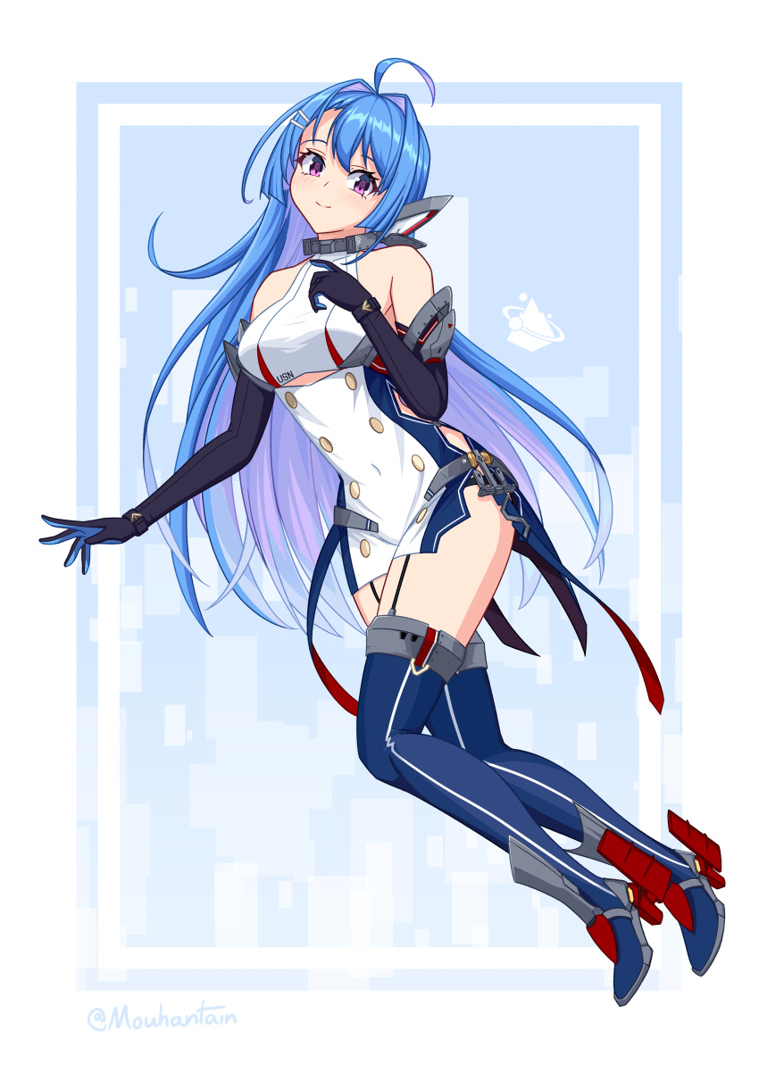 1girl absurdres ahoge azur_lane bare_shoulders black_gloves blue_footwear blue_hair boots breasts buttons double-breasted dress elbow_gloves full_body garter_straps gloves helena_(azur_lane) highres looking_at_viewer medium_breasts microdress mouhantain multicolored_hair purple_eyes purple_hair retrofit_(azur_lane) rudder_footwear simple_background sleeveless sleeveless_dress solo thigh_boots thighhighs two-tone_hair