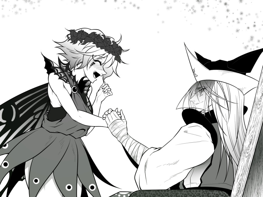 2girls arthropod_girl bandages butterfly_wings dress eternity_larva garland_(decoration) greyscale hat leaf leaf_on_head long_hair makeup matara_okina monochrome multiple_girls ryuuichi_(f_dragon) short_hair sitting tabard touhou veil wings