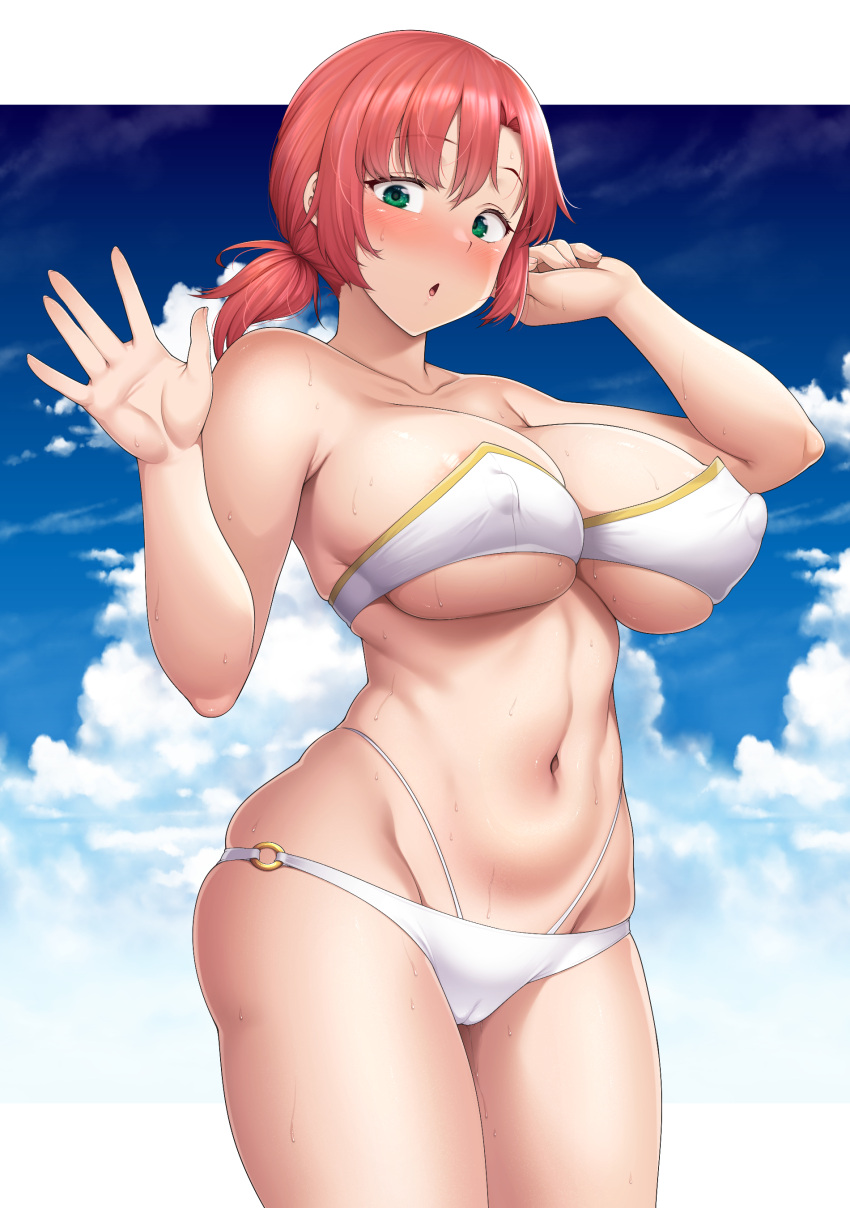 1girl absurdres ao_banana bangs bare_shoulders bikini blue_sky blush boudica_(fate) breasts cleavage collarbone covered_nipples fate/grand_order fate_(series) green_eyes highres large_breasts looking_at_viewer navel o-ring open_mouth red_hair short_hair short_ponytail sky solo swimsuit thighs white_bikini