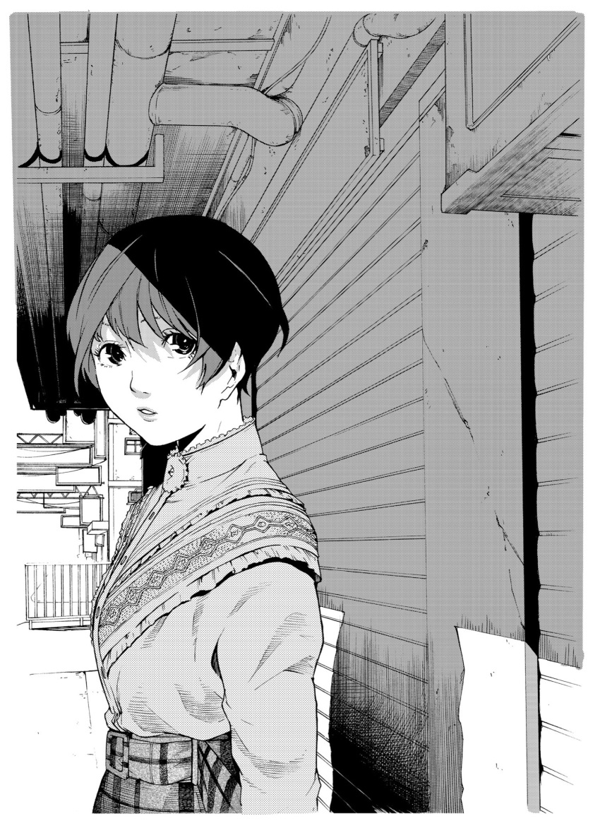 1girl belt border cable crack cracked_wall frills greyscale hatching_(texture) highres monochrome original outdoors parted_lips pipes plaid plaid_belt short_hair solo sorasorarian white_border