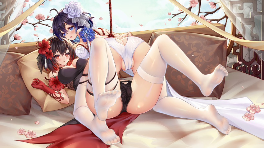 2girls arms_behind_back ass bangs bare_shoulders bed black_dress black_hair blue_eyes blue_hair blue_sky breasts cameltoe china_dress chinese_clothes cleavage dress dual_persona feet flower full_body gavin007 hair_flower hair_ornament highres honkai_(series) honkai_impact_3rd legs looking_at_viewer looking_back lying m_legs multiple_girls on_back open_mouth pantyhose petals pillow red_dress red_eyes red_hair restrained seele_(alter_ego) seele_vollerei seele_vollerei_(stygian_nymph) short_hair sky sleeveless sleeveless_dress soles spread_legs thighhighs toes white_dress white_legwear