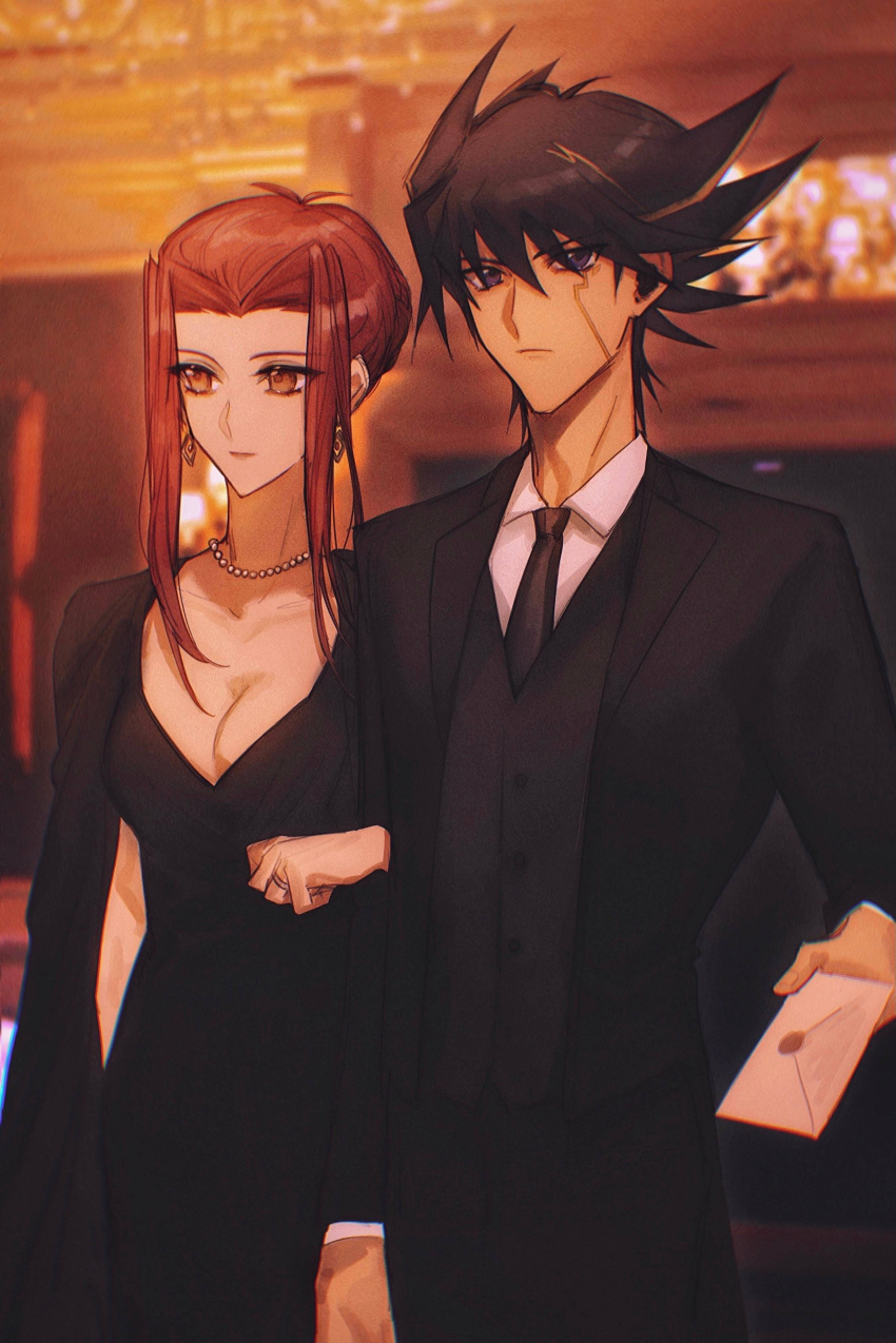 1boy 1girl 2rzmcaizerails6 absurdres black_dress black_hair black_jacket black_necktie black_pants black_vest blonde_hair blue_eyes blurry blurry_background breasts brown_eyes cleavage closed_mouth collarbone collared_shirt couple dress earrings facial_mark formal fudou_yuusei hair_intakes hetero highres indoors izayoi_aki jacket jewelry letter long_dress long_hair medium_breasts multicolored_hair necklace necktie open_clothes open_jacket pants red_hair ring shiny shiny_hair shirt spiked_hair two-tone_hair vest wedding_ring white_shirt wing_collar yu-gi-oh! yu-gi-oh!_5d's