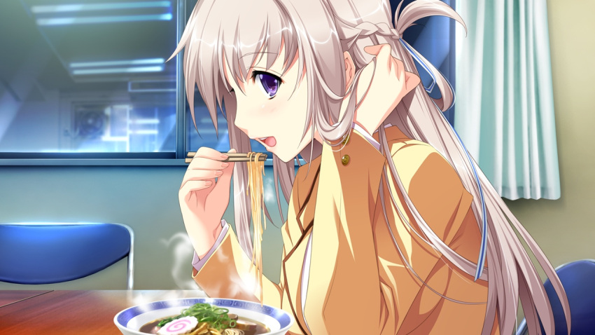 1girl :d adjusting_hair bangs blazer braid chopsticks eating eyebrows_visible_through_hair food french_braid game_cg hair_between_eyes hair_ribbon hatsukoi_1/1 holding holding_chopsticks indoors jacket koizumi_amane leaning_forward long_hair long_sleeves makabe_midori noodles official_art purple_eyes ramen ribbon school_uniform shiny shiny_hair silver_hair smile solo upper_body very_long_hair white_ribbon yellow_jacket