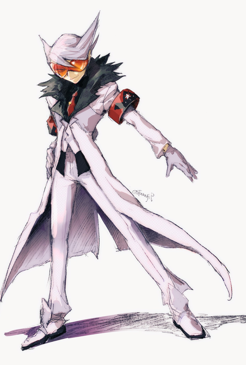 1boy armband bangs black_shirt closed_mouth coat commentary_request full_body fur-trimmed_coat fur_trim highres lear_(pokemon) legs_apart long_sleeves male_focus mugitarou necktie pants pokemon pokemon_(game) pokemon_masters_ex red_necktie shirt shoes smile solo spiked_hair standing sunglasses twitter_username white_coat white_footwear white_pants