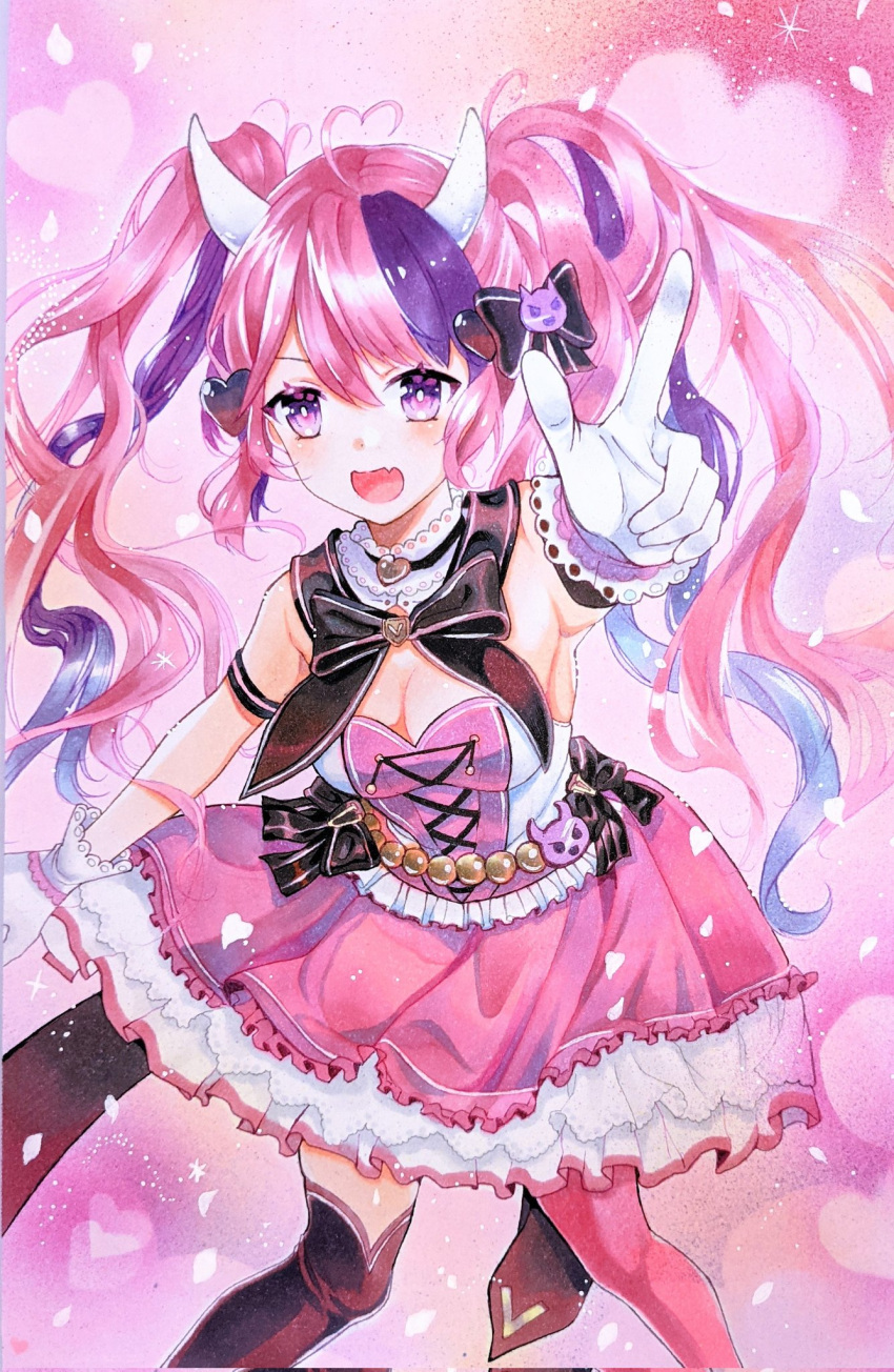 1girl airbrush_(medium) bangs black_bow black_legwear bow breasts cleavage english_commentary fang gloves hair_bow heart_hair highres horns idol_clothes ironmouse kneehighs marker_(medium) medium_breasts miki_shirley mixed-language_commentary multicolored_hair open_mouth pink_hair pink_legwear pink_skirt pointing purple_eyes purple_hair single_kneehigh single_leg_pantyhose skin_fang skirt smile solo streaked_hair traditional_media virtual_youtuber vshojo white_gloves